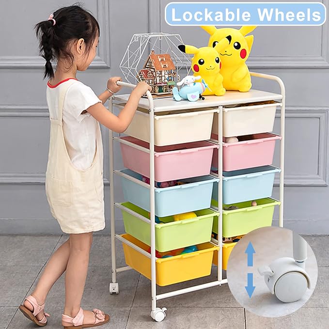 Ytaoka 10 Drawers Rolling Storage Cart, Plastic Drawer Cart with Metal Frame, Multipurpose Art Craft Cart Organizer with Wheels, Utility Cart with Drawers for Home, Office, School, Multicolor - Image 5