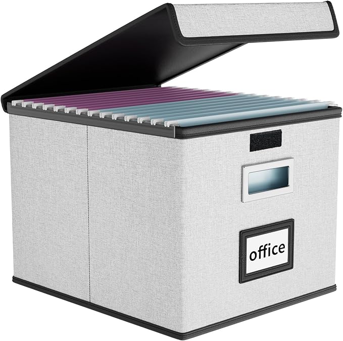 File Organizer Box with Lids, Collapsible File Folder Organizer | File Box with Plastic Slides for Document, Filing Bin for Letter Size Hanging File Folders (1 Pack, Light Gray) by Huolewa