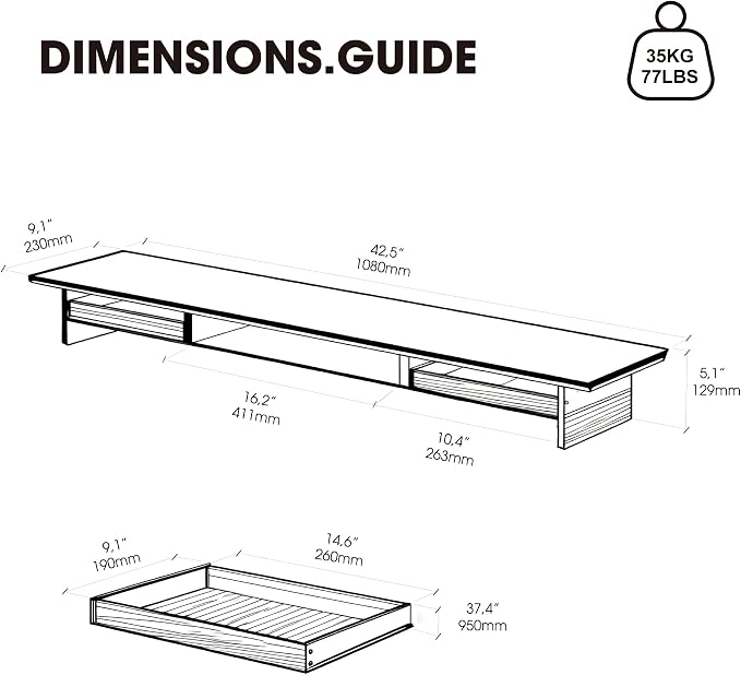 Fenge Dual Monitor Stand with Drawer, 42.5 Inch Large Monitor Riser with Acrylic Legs Supports, Computer Stand for Desk, 2 Tier Wood Desk Shelf with Storage Organizer for PC, Laptop, Printer, TV - Image 5