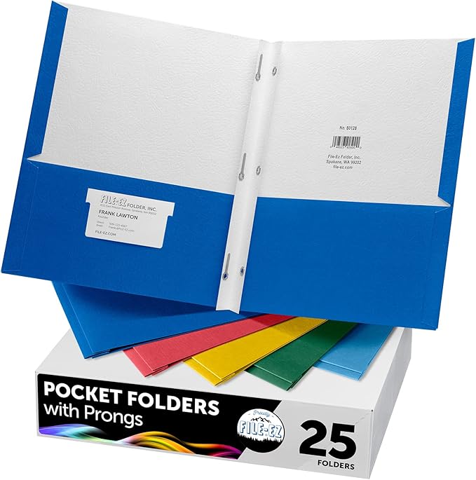 FILE-EZ Two-Pocket Folders with 3-Prong Fasteners, Assorted Colors, 25-Pack, Durable Textured Paper, Matte Finish, Letter Sheet Size (EZ-92500) by FILE-EZ