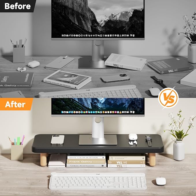 Monitor Stand Riser, 24 Inch Wood Desk Organizer with Monitor Stand & Storage Computer Monitor and Laptop Riser Multifunctional Laptop Stand Desk Organizer for Office Home Screen/Laptop/PC (Black) - Image 7