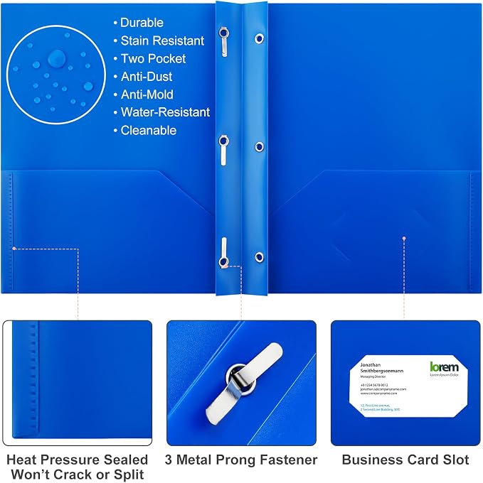 Cholemy 104 Packs Pocket Folders with Prongs Heavy Duty Plastic Folder with Business Card Slot 3 Prong Fasteners for School Office (Stylish) - Image 3