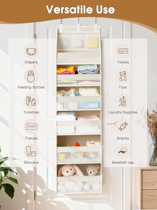 Over the Door Organizer, 6-Shelf Closet Hanging Storage with 13 Mesh Pockets, 55lbs Capacity Behind the Door Storage for Baby Nursery, Bathroom, Bedroom, and Dorm, Beige - Image 9