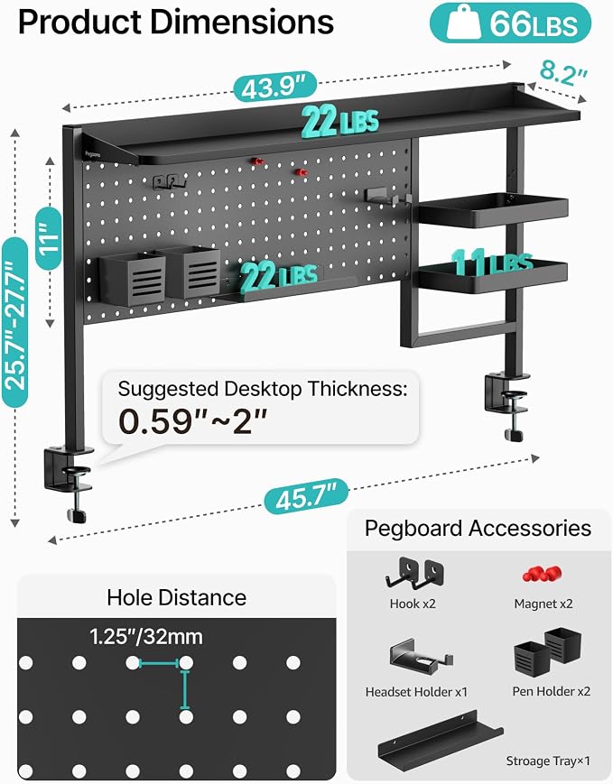 Clamp on Desk Shelf, 44" Desktop Shelving System, Black | with Pegboard and Accessories, Desktop Organizer with 2-Tier Shelf, Desk Pegboard for Office Home Gaming - Image 3