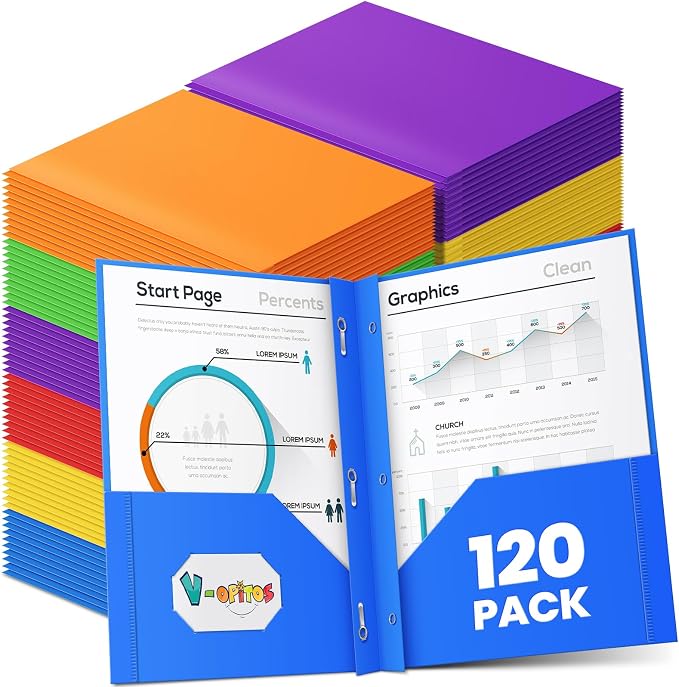 V-Opitos 120 Packs 2 Pocket Folders with 3 Prongs Fastener Clasps, Bulk Heavy Duty Plastic Folders, Multicolor Files Folders in 6 Colors for School and Office by Wearecommittedtotheresearchandproductionofhigh-qualitykidstoysschoolofficesuppliesandholidayproducts