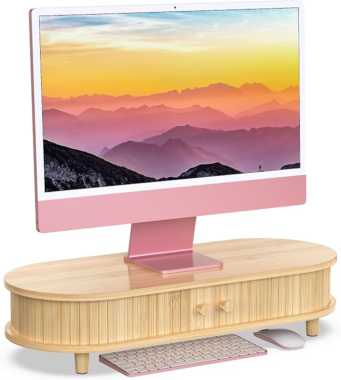 Bamboo Monitor Stand with Storage, 25 Inch Desk Shelf Riser | Curved Computer Laptop Stand Desk Shelf Organizer with Sliding Doors for 47-55 Inch Desk by WELLWENG