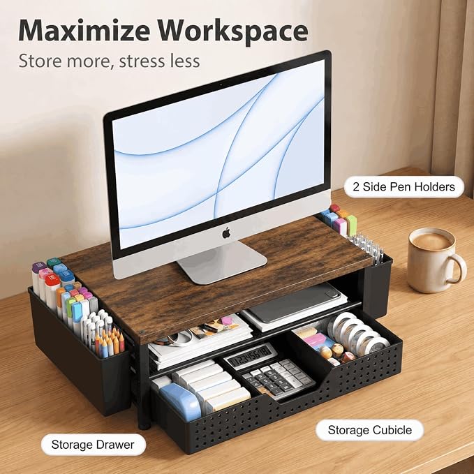 ECOLOVI Desk Organizer and Accessories, 2-Tier Computer Monitor Stand Rise with Storage Drawer & 2 Pen Holders, Laptop & Printer Stand for Desktop, Workspace Organizers for Office Supplies (Brown) - Image 5