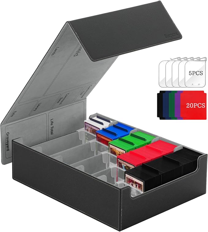 5 Row Trading Card Storage Box, 3800+Bulk Card Organizer Box with 20 Dividers & 5 Supporters, Graded Card Deck Box for YuGiOh, MTG, TCG Black/Grey by Stepane