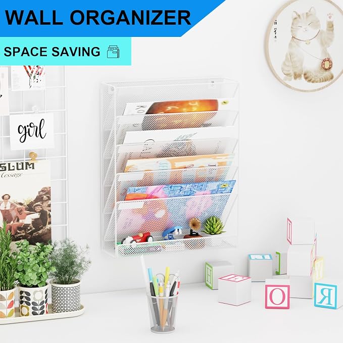 Wall File Organizer Holder Mesh Hanging Paper Document Holder,Vertical 6 Pocket Tier for Office Home, White - Image 2