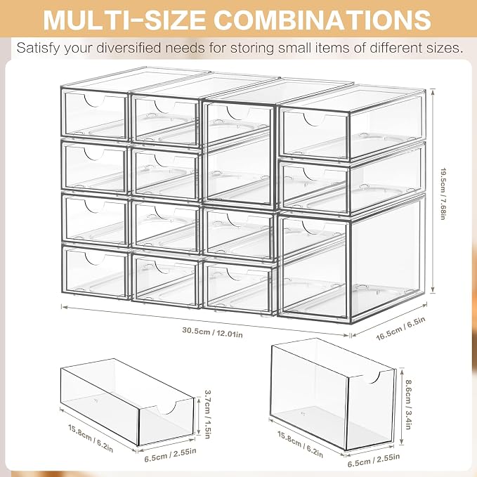 Desk Organizer with 14 Drawers, FODIENS 14 Packs Acrylic Stackable Desktop Storage Drawer Makeup Organizer, Clear Craft Storage Box Cabinets for Office Vanity Countertop Bathroom Bedroom - Image 2