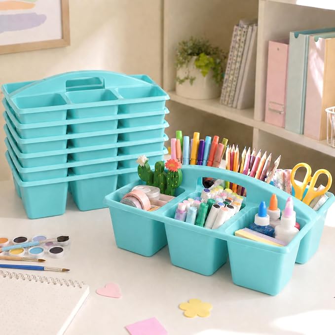 gisgfim 6 Pack Plastic Classroom Caddy with 6-Compartments Plastic Storage Caddies with Handle 6 Compartments Table Caddy Organizer Versatile Table Caddies for Classroom Office Storage, Lake Blue - Image 4