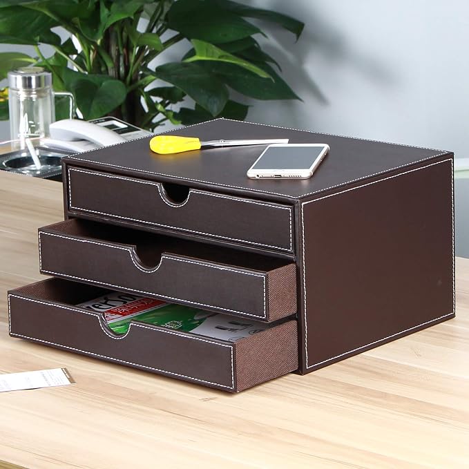 Stackable 3-Drawer Desk Organizer, Executive Office Supplies Desktop Filing A4 File Cabinet/Holder, Leather Storage Box for Document/Paper/Home Decor Accessories (brown)… - Image 4