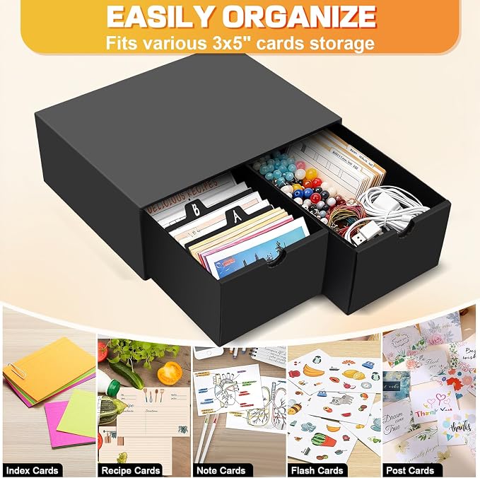 6 Packs Index Cards Box,3x5 Index Card Holder with Lid,2-Compartment Black Index Card Storage Organizer for 3'x5' Note Cards, Recipe Cards, Flashcards Office Organization - Image 5