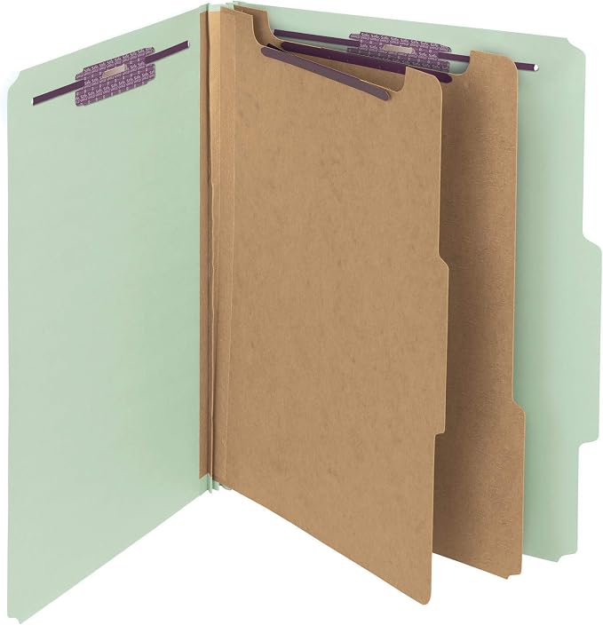 Smead Pressboard Classification Folder with SafeSHIELD Fasteners, 2 Dividers, 2" Expansion, Letter Size, Gray/Green, Pack of 20 (14074) by SMEAD