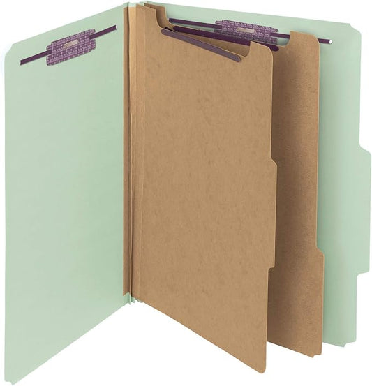 Smead Pressboard Classification Folder with SafeSHIELD Fasteners, 2 Dividers, 2" Expansion, Letter Size, Gray/Green, Pack of 20 (14074) by SMEAD