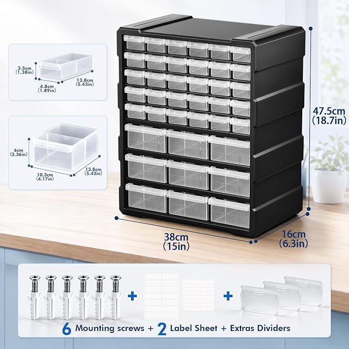 Drawer Organizer for Garage Building Bricks Storage,Thicker Craft Organizers Storage with Dividers Labels for Hardware,Screws,Nuts Bolts,Teacher Toolbox,Charms,Beads,Craft,Scrapbook - Image 3
