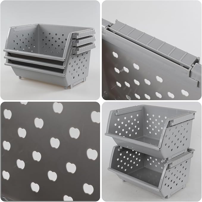 3 Pack Large Open Front Stacking Storage Bins, Plastic Stackable Basket , Gray - Image 3