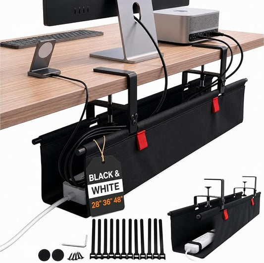 Under Desk Cable Management Tray 28" — No Drill Clamp-On Cord Organizer for Desk with Built-in Ties, Heavy Duty Metal Clamp, Foldable 600D Oxford Fabric for Home Office, WFH & Gaming PC Setup (Black) by Unknown