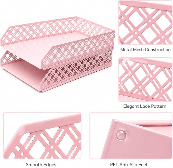 Exerz Letter Trays 2pcs Stackable Paper Sorter/Desk Organiser/File Tray for Desk - Wire Mesh Metal File Rack - Office, School, Home Study (Light Pink) - Image 5