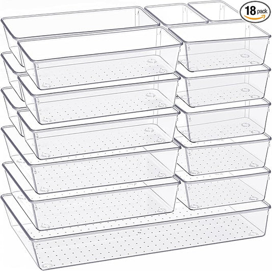Drawer Organizer, 18 Pack Large Clear Plastic Kitchen Drawer Organizers Set, 6 Size Versatile Bathroom and Vanity Drawer Organizer Trays, Storage Bins for Makeup, Bedroom, Kitchen Utensils by Criusia