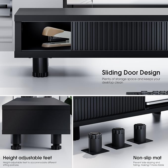 Fenge Dual Monitor Stand with Storage, Desk Shelf with Glass Sliding Door | Ergonomic Height Adjustment, 42.5in Monitor Shelf, 2-Tier Monitor Riser, Desk Organizer for Screen, PC, Laptop, Balck - Image 4