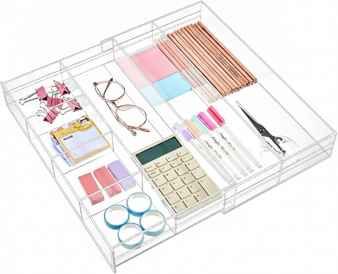 Briwooody Clear Acrylic Drawer Organizer Expandable,7 Compartments,Medium | 9'' up to 18'' x 12'' x 2.1'' Desk Drawer Organizer Trays Adjustable with Desk Accessories for Makeup Office Bathroom by Briwooody