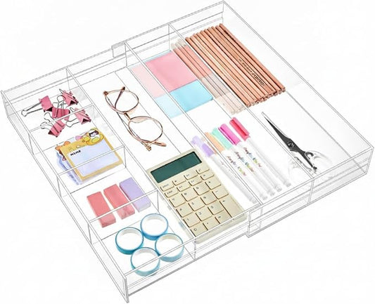 Briwooody Clear Acrylic Drawer Organizer Expandable,7 Compartments,Medium | 9'' up to 18'' x 12'' x 2.1'' Desk Drawer Organizer Trays Adjustable with Desk Accessories for Makeup Office Bathroom by Briwooody