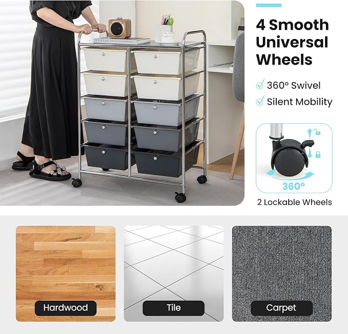 Giantex 10 Drawers Rolling Cart, Classroom Organizers, Storage Cart with Wheels, for Teacher Office Home School Supplies Tool Craft Art Paper, Gray Gradient - Image 6