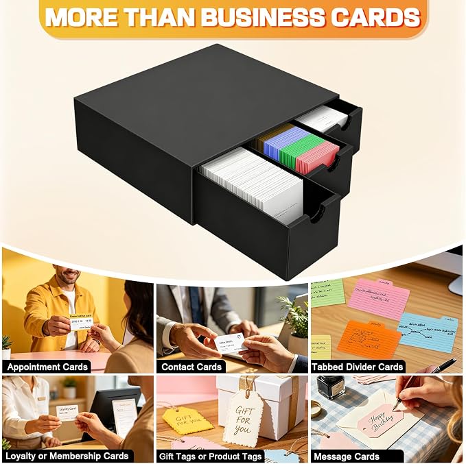 Business Card Storage Box 3 Pack, Stackable Business Card Organizer with 9 Pull-Out Drawers and Labels, Holds Up to 4500 Cards, Black Corrugated Desktop Filing Boxes - Image 4