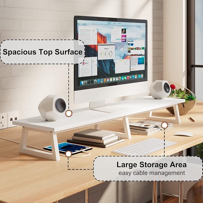 TEAMIX 42 inch Dual Monitor Riser White, Desk Organizer Stand for TV Laptop | Extra Long Stand Riser for 2 Monitors, Wood & Steel TV Riser, Holds 300lbs, Keyboard & PS5 Storage, For Home Office & Gaming - Image 2