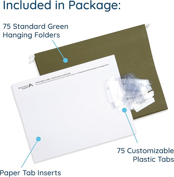 Blue Summit Supplies 75 Hanging File Folders, Letter Size, Green | Reinforced 11pt, 1/5 cut tabs, plastic tabs and inserts included, for filing cabinet, home, and office use - Image 2