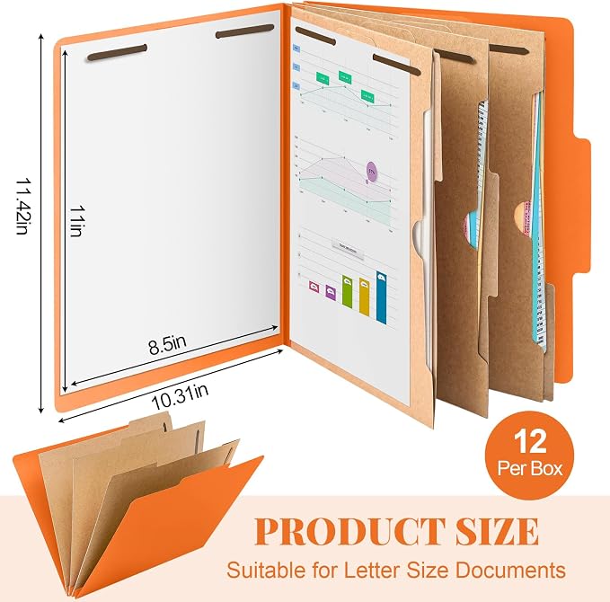 Skyygemm 12 Pcs Classification Folders 3 Pocket Dividers Letter Size Employee File Folder with 2 Prong Fasteners 2 in Expansion Pressboard Medical Document Organizers Bulk for School Office(Orange) - Image 2