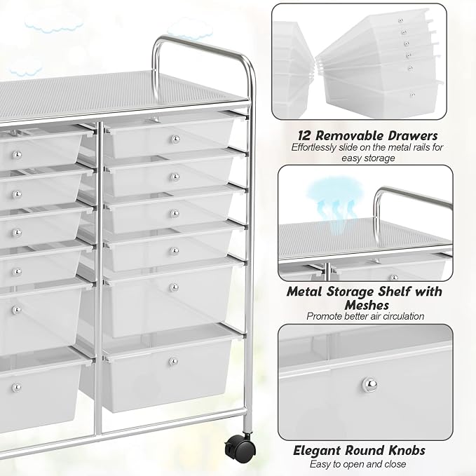 COSTWAY 12-Drawer Rolling Storage Cart, Moveable Art Craft Organizer | Lockable Wheels, Metal Shelf, Files Arrangement Tools Makeup Storage Cart for Office, Home, School (Clear) - Image 4