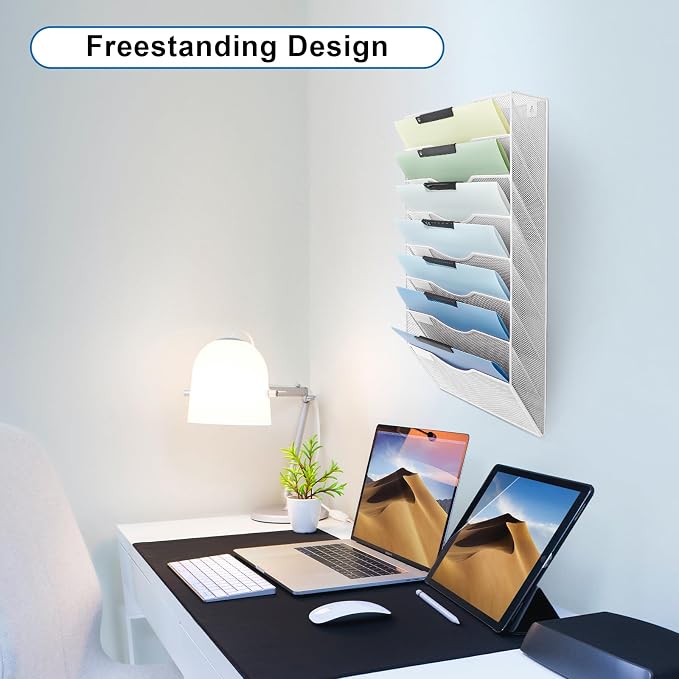 8 Pocket Mesh Hanging Wall File Organizer, Wall Mounted Mail Paper Document Folder Holder, Clipboard Storage Organization Magazine Rack with Nametag Label for Office Home School, White - Image 7