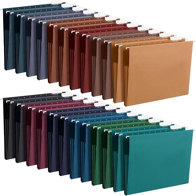 Yaomiao 24 Pack Hanging File Folders, 3 Pleats,Dark Color | Letter Size File Cabinet Folders, with 1/5-cut Adjustable Tabs, Expandable Document Cabinet, Home Desk Office Organization by Yaomiao