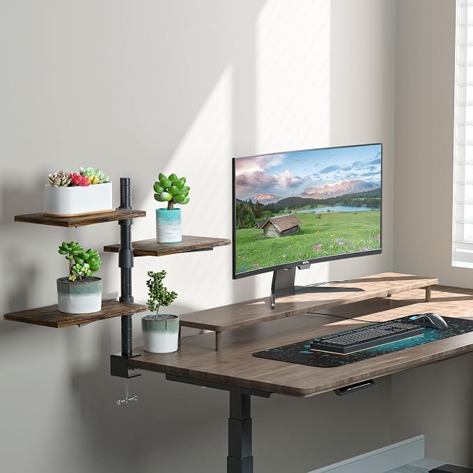 3 Tier Clamp On Desk Shelf - Over Or Under Table Clamp Shelf,360° Rotatable Desk Storage for Home Office, Gaming Devices,Storage Tray,and More, Rustic Vintage Brown Desktop Shelves - Image 2
