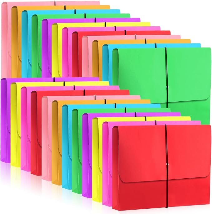 24 Pack Bulk Expanding File Folder Pocket Wallet with Flap and Cord Closure, 2" Expansion, Letter Size, Assorted Colors File Organizer for Office School Classroom Document Storage by Fulmoon