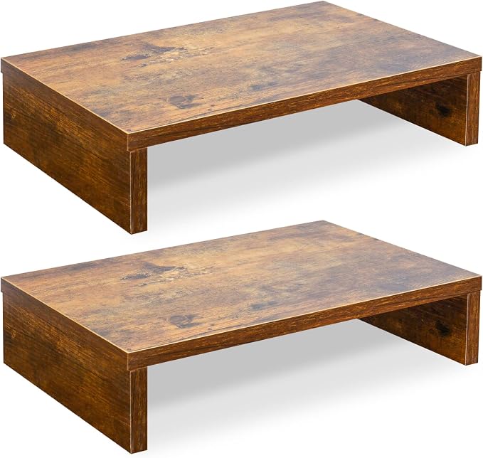 TEAMIX 2 Pack and 2 Drawers Rustic Brown Wood Monitor Stand Riser for 2 Monitors/Laptop/PC, Wood Screen/TV Stand Desk Organizer. - Image 3