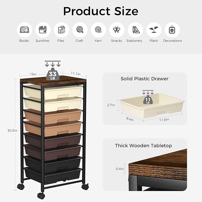 Rolling Cart with 8 Drawers, Plastic Drawer Storage Carts with Wheels & Wooden Tabletop, Metal Utility Cart Organizer for Bedroom Living Room Office Classroom Craft Organization and Storage, Brown - Image 2