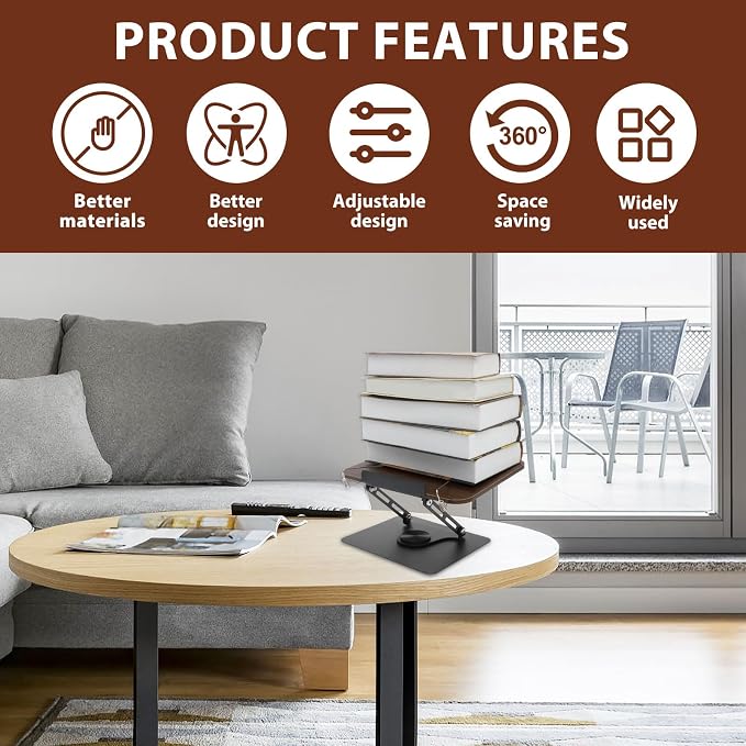 Book Stand for Reading Adjustable Book Holder with 360° Rotating Base Foldable Cookbook Stands for Home Office Kitchen Traveling Display Stand for Textbook, Recipe, Magazine,Tablet - Image 7