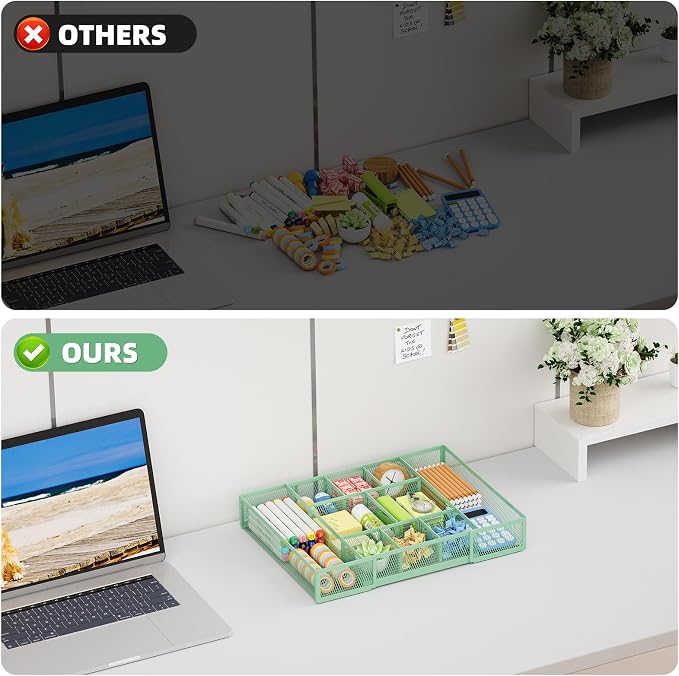 Marbrasse Expandable Desk Drawer Organizer, Mesh Drawer Organizer Tray with 10 Adjustable Compartments, Desk Organizers and Accessories for Office Supplies, Makeup & Vanity (Expandable-Green) - Image 8