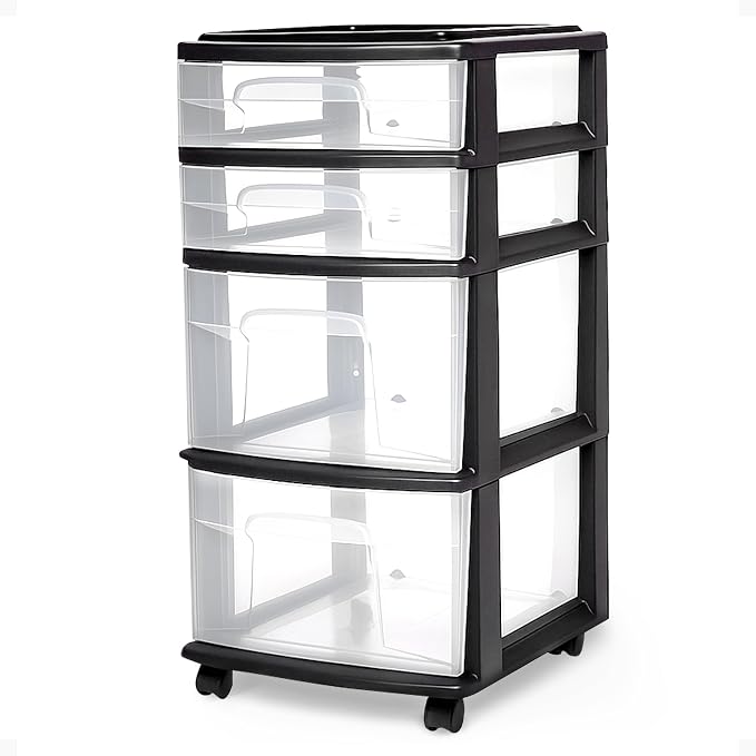 HOMZ Drawer Tower, 4-Tier Clear Plastic Storage Organizer Cart, Black Frame - Rolling Drawers with Wheels for Desk, Dresser, Cabinet, Bedroom, Bathroom, Closet, Classroom, and Office Organization by Homz