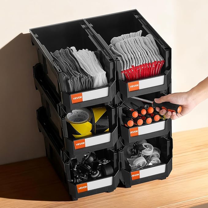 VEVOR Plastic Stackable Storage Bins, 14.8 x 8.5 x 7.1 inch (6 Pack), Plastic Containers for Organizing and Storage Bins for Closet, Garage, Small Parts, Office Supplies and Other Accessories, Black - Image 8