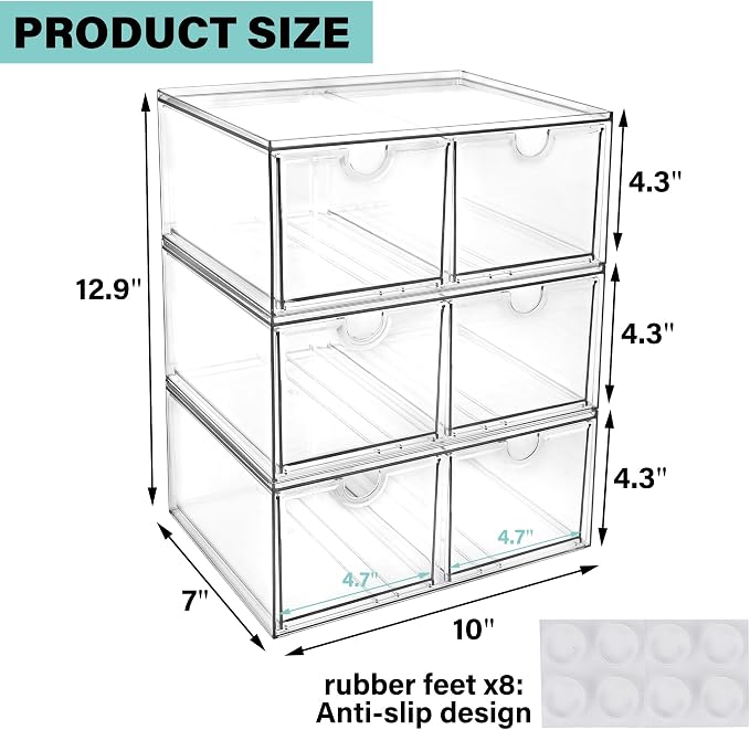 Prsildan 6 Small Drawers Stackable Storage Drawer Clear Acrylic Organizer | Makeup Organizers, Vanity Bathroom Kitchen Cabinets Under Sink Home Organization, 3 Pack - Image 3