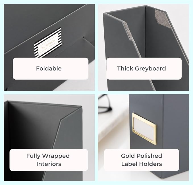 BLU MONACO | Set of 6 Foldable Grey Magazine File Holders with Gold Label Holders | Vertical File Organizer Boxes for Desk, Bookshelf & Home Office Storage - Image 7