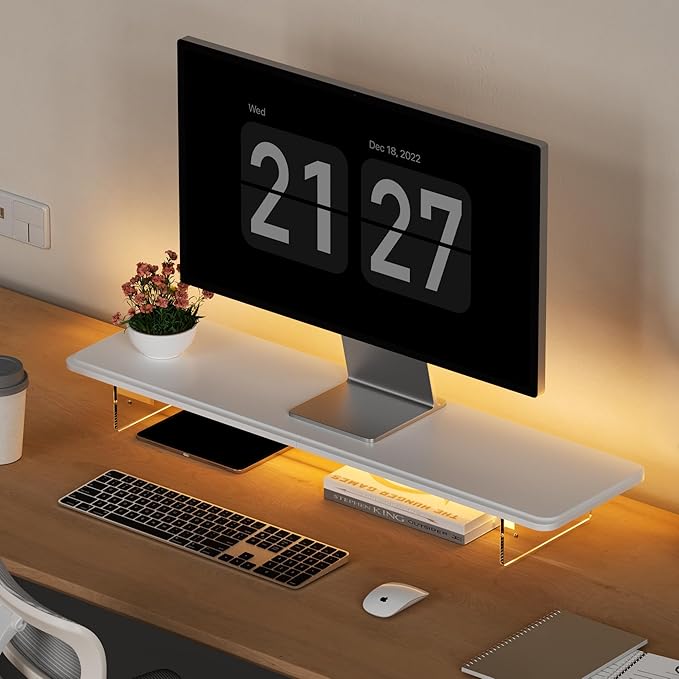 AFOOYO Monitor Stand Riser,31.5-Inch LED Light Wood Computer Monitor Stand with Adjustable Acrylic Legs,Desk Accessories Desktop Organizer Stand for, Computer,Laptop,Printer,PC TV Screen Riser,White by AFOOYO