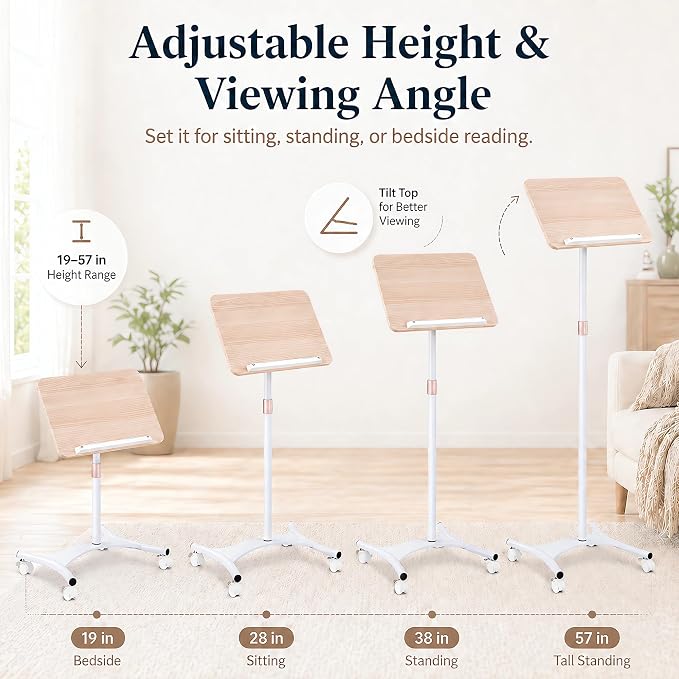 Rolling Floor Book Stand with Wheels, Reading Stand Book Holder | 16.5 x 11.8 in large panel | 19–57 in height adjustable| 360° angle | Lockable wheels | For books, sheet music, laptop - Image 4