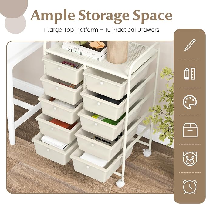 COSTWAY 10 Drawer Rolling Storage Cart, Utility Cart with Lockable Wheels | Mobile Art Supply Craft Organizer with Metal Frame, Multipurpose Drawer Cart for Paper for Office, School, White - Image 4