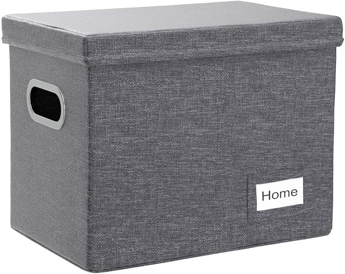 File Organizer Box - Set of 2 Collapsible Decorative Linen Filing Storage Hanging File Folders with Lids Office Cabinet Letter Size Grey (14x9.3x10.8 inch) - Image 4