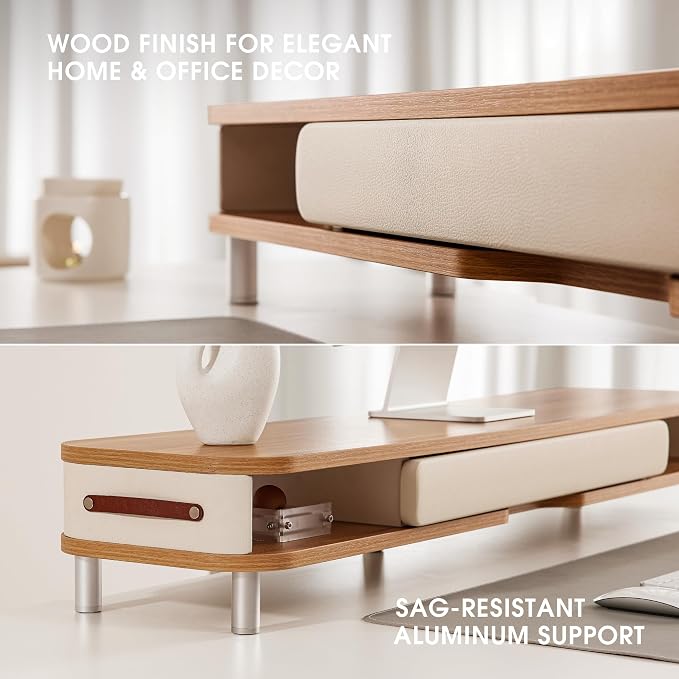 Fenge Dual Monitor Stand with Large Storage Drawer, 42.5" Dsek Shelf, Oak | Slide-Out Drawer with Soft Touch Leather, Ergonomic Monitor Riser, Aluminum leg, 2-Tier Desk Organizer for Laptop, TV, PC - Image 5